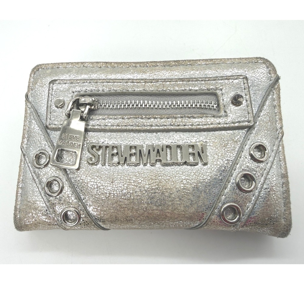 Steve Madden Silver Metallic Distressed Bifold Wallet Grommet Moto Detail
